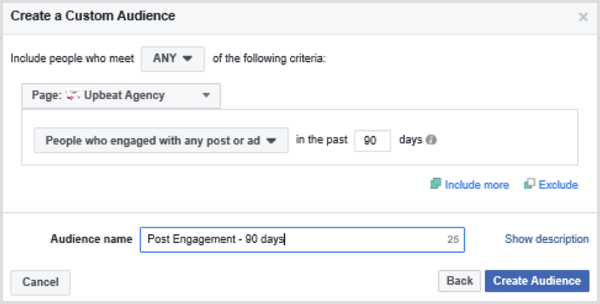 Ορίστε επιλογές για να ρυθμίσετε ένα προσαρμοσμένο κοινό στο Facebook με βάση άτομα που αλληλεπιδράσαν με οποιαδήποτε ανάρτηση ή διαφήμιση τις τελευταίες 90 ημέρες