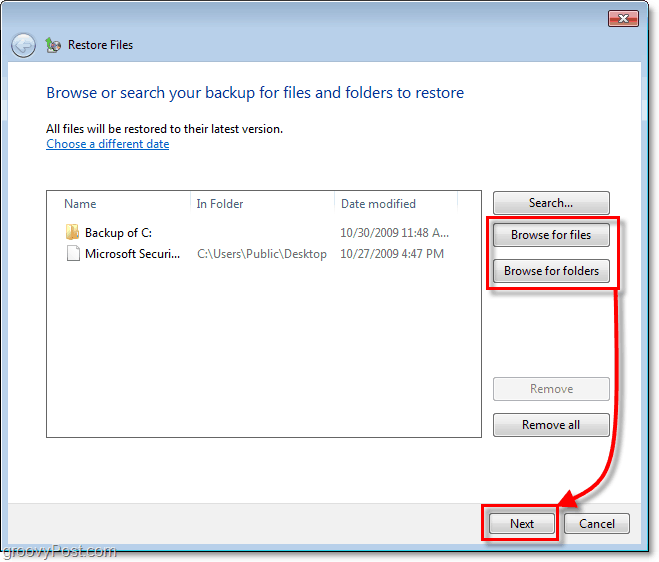 Windows 7 Backup - επιλογή των αρχείων ή των φακέλων που θέλετε να επαναφέρετε