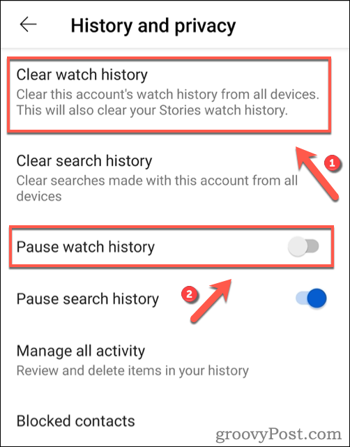 Διαγραφή ιστορικού παρακολούθησης YouTube σε Android.