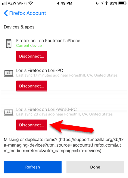 Αποσύνδεση μιας συσκευής στον Firefox για iOS