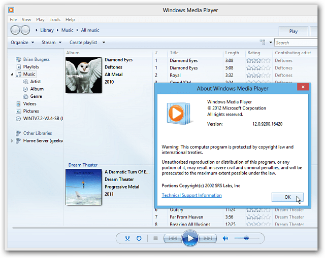 Windows Media Player στην επιφάνεια εργασίας των Windows 8