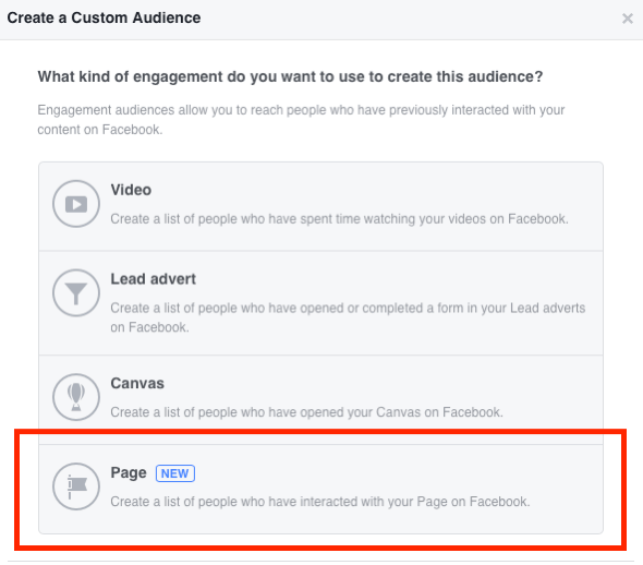 Επιλέξτε Σελίδα ως τον τύπο αφοσίωσης που θέλετε να χρησιμοποιήσετε για να δημιουργήσετε το προσαρμοσμένο κοινό σας στο Facebook.