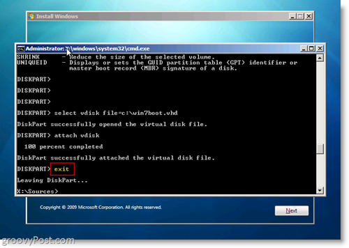 Windows 7 native VHD Εγκατάσταση Dual Boot Exit CMD Prompt