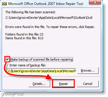 Στιγμιότυπο οθόνης - Μενού επισκευής του ScanPST του Outlook 2007