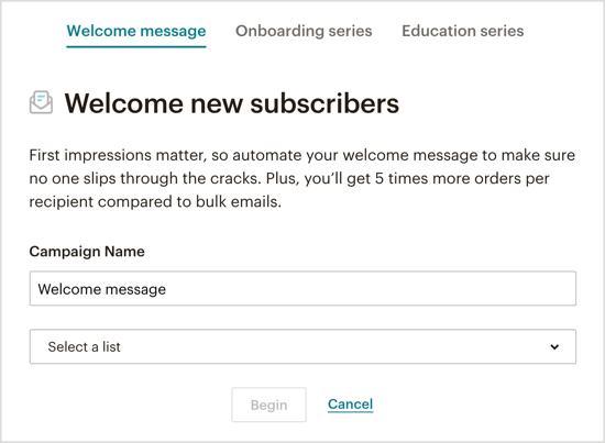 Επιλέξτε τον τύπο αυτοματοποιημένου email καλωσορίσματος που θέλετε να στείλετε μέσω του bot Messenger. 