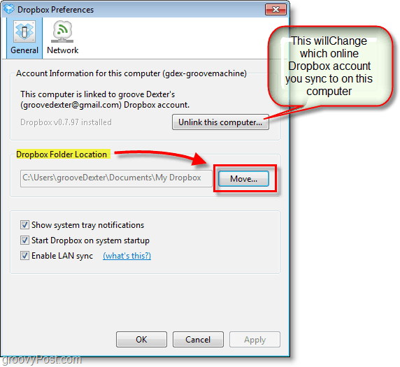 Dropbox screenshot - αλλαγή προεπιλεγμένης τοποθεσίας dropbox ή αλλαγή / αφαίρεση λογαριασμών dropbox