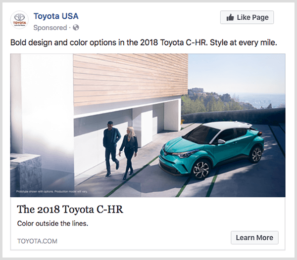 Η διαφήμιση αφοσίωσης στο Facebook από την Toyota διαθέτει τιρκουάζ Toyota C-HR και διαθέτει κουμπί Μάθετε περισσότερα.