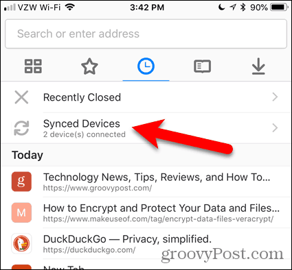 Πατήστε Συγχρονισμένες συσκευές στον Firefox για iOS