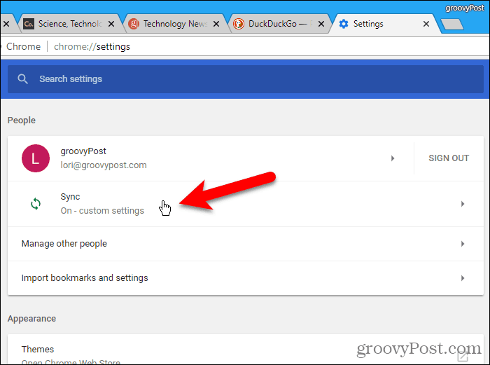 Κάντε κλικ στην επιλογή Συγχρονισμός στην οθόνη ρυθμίσεων Chrome στα Windows