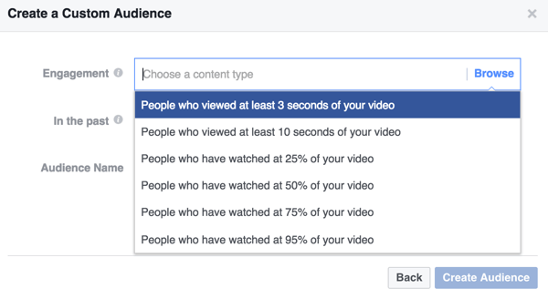 Επιλέξτε τα κριτήρια αφοσίωσης για το προσαρμοσμένο κοινό βίντεο στο Facebook.