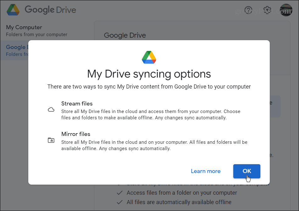 Ρυθμίσεις συγχρονισμού Google Drive