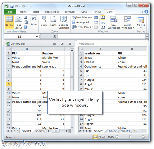 το λογιστικό φύλλο excel του Microsoft Excel το ένα δίπλα στο άλλο