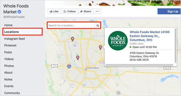 Κάνοντας κλικ στην καρτέλα Τοποθεσίες σε μια σελίδα Facebook αποκαλύπτονται μεμονωμένες τοποθεσίες σε έναν χάρτη. 