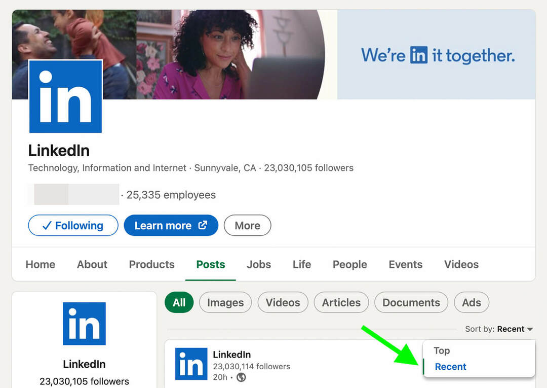 how-to-research-competitors-organic-content-on-linkedin-posts-tab-recent-step-1