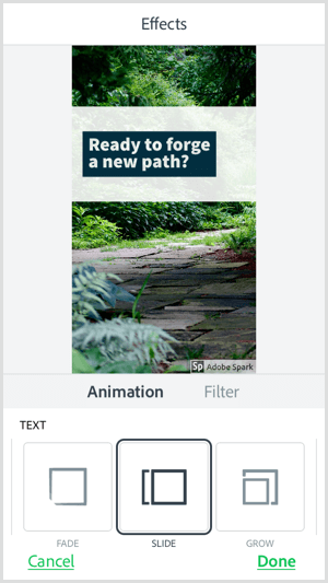 Ορίστε μια επιλογή κινούμενου κειμένου με την εφαρμογή για κινητά Adobe Spark Post.