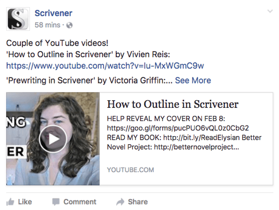 Το Scrivener μοιράζεται ένα βίντεο YouTube που μπορεί να αρέσει στους χρήστες στη σελίδα του στο Facebook.