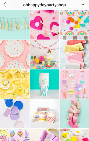 Πώς να βελτιώσετε τις φωτογραφίες σας στο Instagram, δείγμα θεμάτων ροής Instagram από το Oh Happy Day Party Shop που δείχνει μια παλέτα φωτεινών χρωμάτων