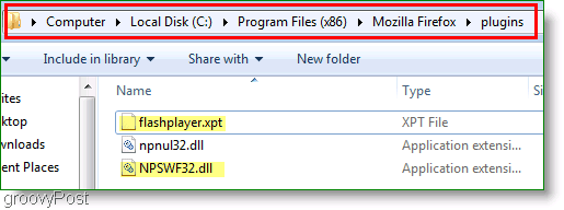 Στιγμιότυπο οθόνης: Αντιγράψτε το Flash στον φάκελο Plugin Plugin Firefox για Windows 7