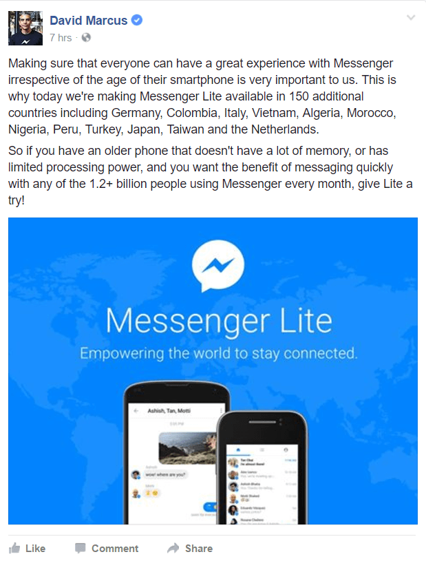 Το Facebook Messenger Lite είναι πλέον διαθέσιμο σε περισσότερες χώρες σε όλο τον κόσμο.