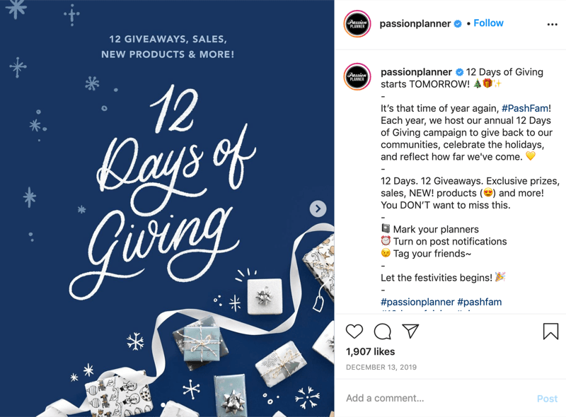 παράδειγμα ενός διαγωνισμού giveaway στο instagram για τις 12 ημέρες από το @passionplanner ανακοινώνοντας ότι το giveaway ξεκινά την επόμενη μέρα