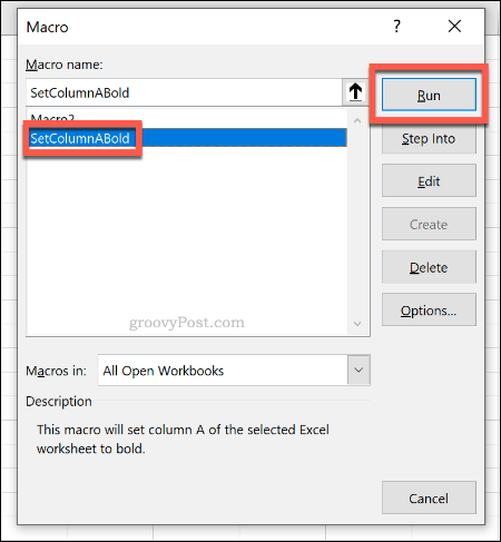 Το μενού επιλογής μακροεντολών για να εκτελέσετε μια μακροεντολή στο Excel