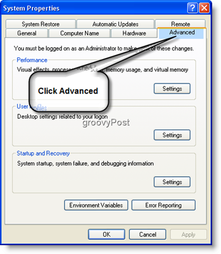 Ιδιότητες συστήματος Ρυθμίσεις για προχωρημένους Windows XP