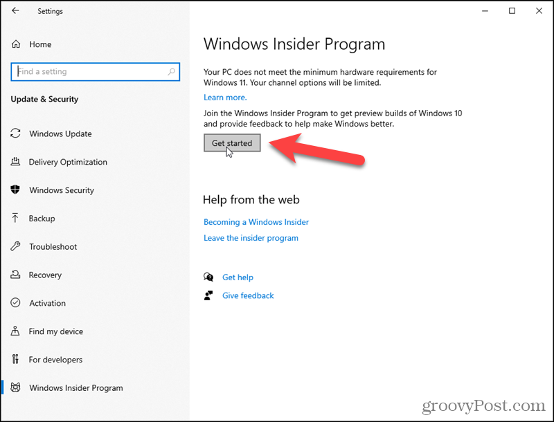 Κάντε κλικ στην επιλογή Έναρξη για το πρόγραμμα Windows Insider