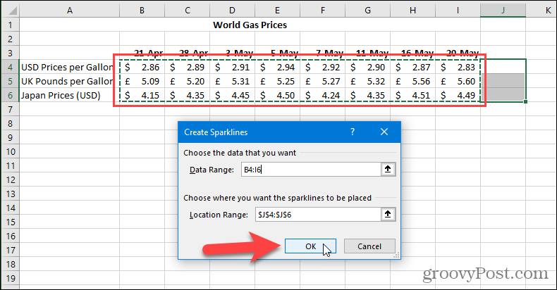 Δημιουργία διαλόγου Sparklines στο Excel
