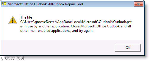 Στιγμιότυπο οθόνης - Παράθυρο μηνυμάτων επισκευής του ScanPST του Outlook 2007