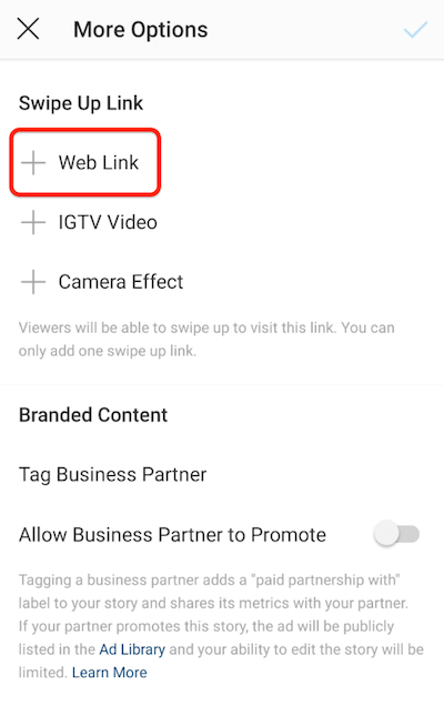 Επιλογές μενού instagram για να προσθέσετε έναν σύνδεσμο προς τα επάνω με επισημασμένη την επιλογή web link