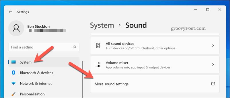 Άνοιγμα του μενού Περισσότερες ρυθμίσεις ήχου στα Windows 11