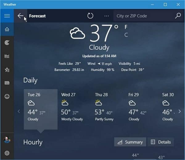 Πρόγνωση των Windows 10 για τις καιρικές συνθήκες
