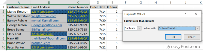 Προσαρμοσμένες μορφές διπλότυπων στο Excel