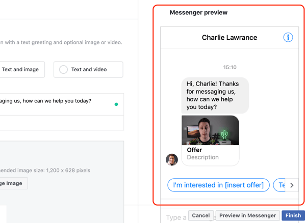 Πώς να στοχεύσετε θερμούς δυνητικούς πελάτες με διαφημίσεις Facebook Messenger, βήμα 14, προεπισκόπηση προσαρμοσμένου προτύπου προορισμού messenger