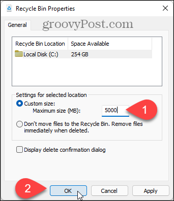 Αλλάξτε το μέγιστο μέγεθος του Κάδου ανακύκλωσης στα Windows 11