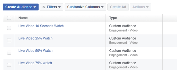 Στο Facebook Ads Manager, χρησιμοποιήστε το εργαλείο κοινού για να ορίσετε ένα κοινό επαναπροσδιορισμού βάσει των προβολών των βίντεο του Facebook Live.