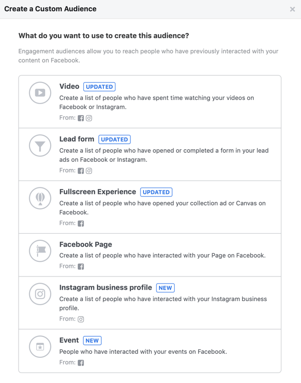 Επιλογές για το τι θέλετε να χρησιμοποιήσετε για να δημιουργήσετε αυτό το κοινό για το προσαρμοσμένο κοινό σας στο Facebook.