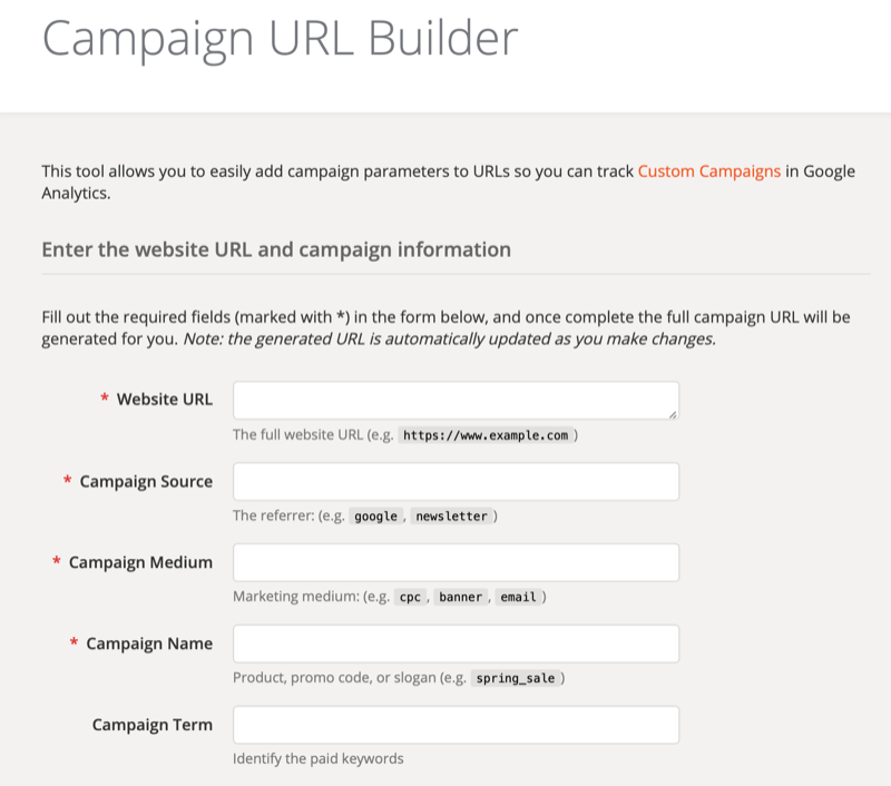 Οθόνη ρύθμισης εργαλείου Google Analytics Campaign URL Builder