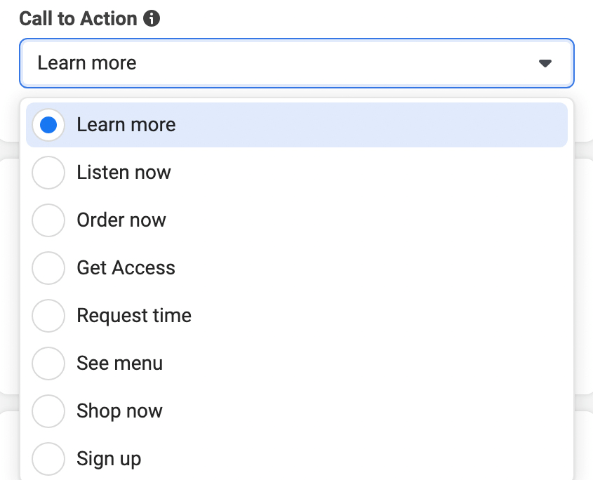 εικόνα των επιλογών του κουμπιού παρότρυνσης για δράση στο Meta Ads Manager