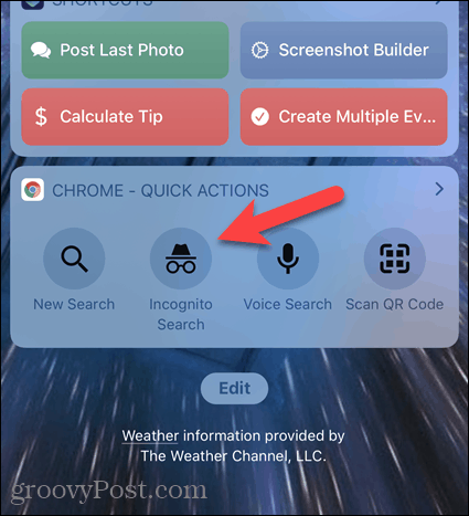 Πατήστε Αναζήτηση ανώνυμης περιήγησης στο widget Chrome σε iOS