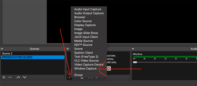 επιλέξτε Window Capture επιλογή στο OBS Studio