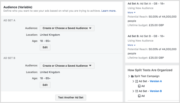 Διαχωρισμός δοκιμής που προβάλλει τις διαφημίσεις σας στο Facebook σε δύο ή περισσότερα είδη κοινού.