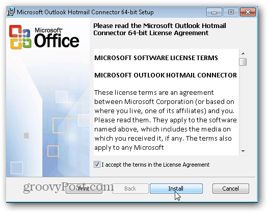 Outlook.com Outlook Hotmail Connector - Κάντε κλικ στο κουμπί Εγκατάσταση