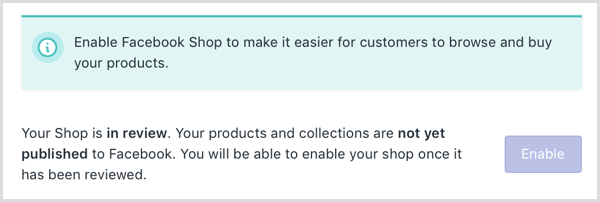 Το Shopify εμφανίζει ένα ηλεκτρονικό μήνυμα ότι το κατάστημά σας στο Facebook είναι υπό εξέταση.