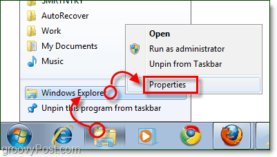 προσαρμόστε τις ιδιότητες της συντόμευσης της γραμμής εργασιών του Windows Explorer
