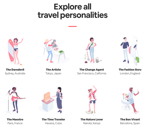 Παράδειγμα σελίδας όλων των αποτελεσμάτων με αποτελέσματα που ο χρήστης μπορεί να εξερευνήσει από το κουίζ Travel Matcher της Airbnb.
