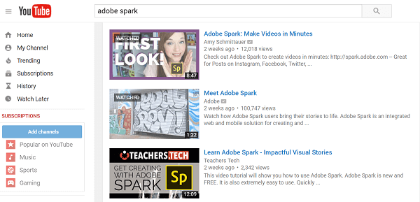 adobe spark αναζήτηση στο youtube