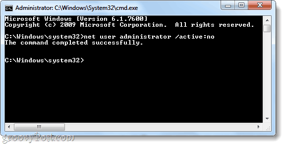 καθαρή εντολή χρήστη για να απενεργοποιήσετε το λογαριασμό διαχειριστή των Windows 7