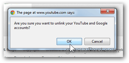 Σύνδεση λογαριασμού YouTube σε νέο λογαριασμό Google - Κάντε κλικ στο κουμπί OK για να αποσυνδέσετε τον λογαριασμό