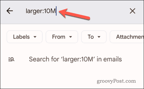 Ορισμός κριτηρίων μεγέθους email στη γραμμή αναζήτησης του Gmail στο κινητό